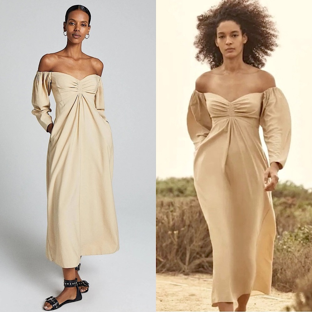 ALC Off Shoulder Long Sleeve Empire Waist Ruched Sweetheart Neck Smocked Dress 2